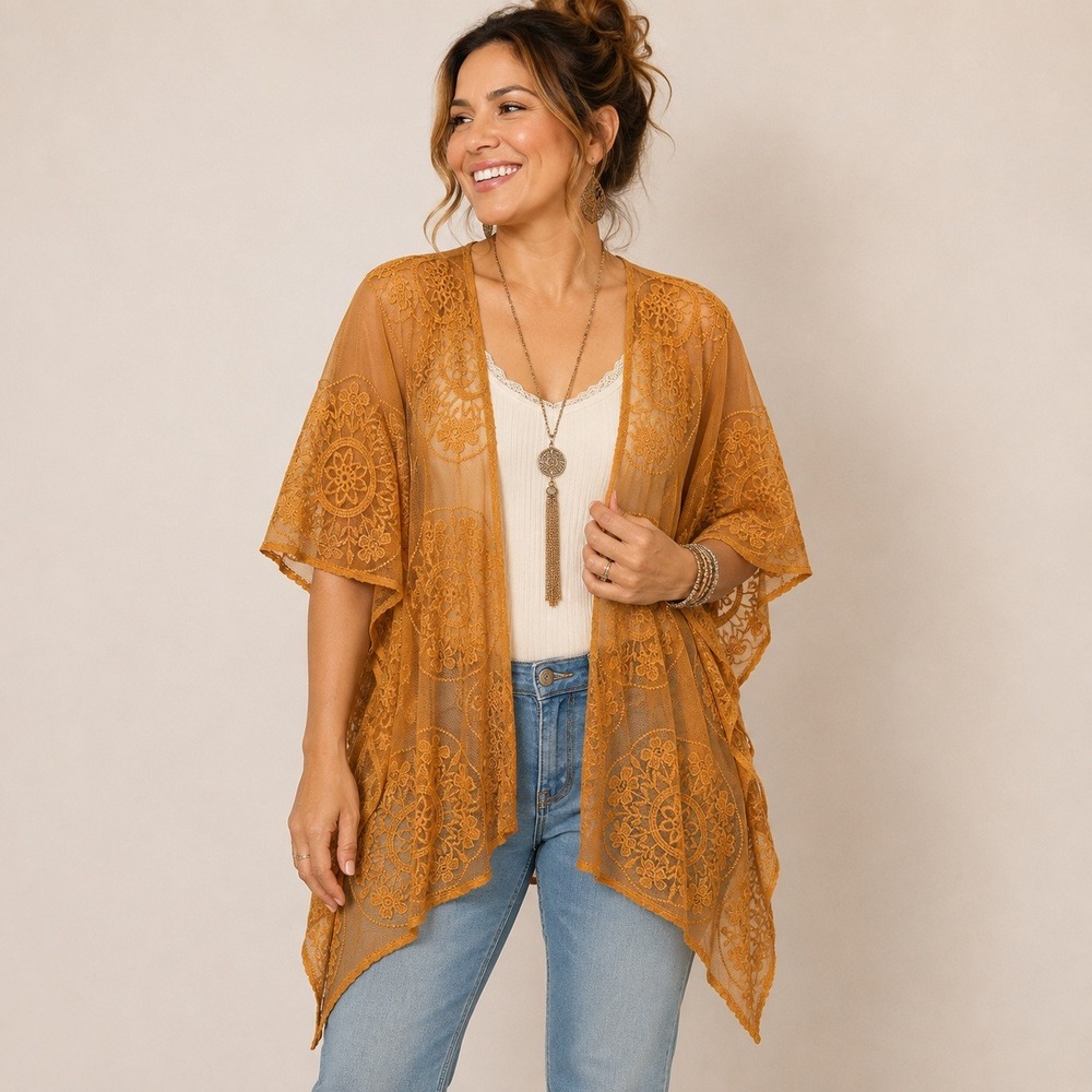Maurices Mustard Lace Kimono Embroidered Sheer Boho‎ Festival Cardigan One Size